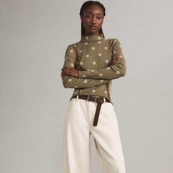 ANTHROPOLOGIE Pilcro Green Bandana Print Turtleneck Cotton-Slub Shirt Top - Picture 1 of 9